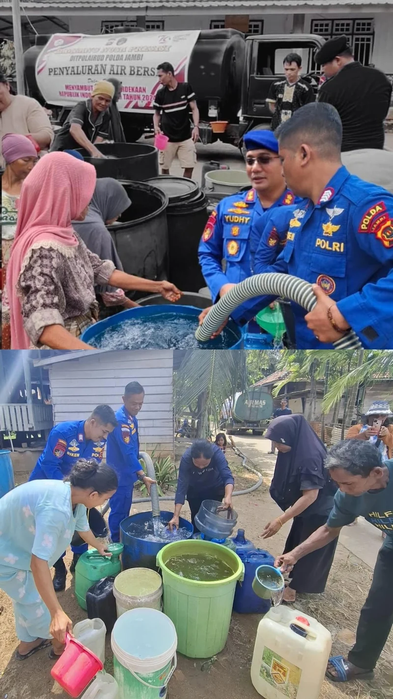 Direktorat Kepolisian Perairan dan Udara Polda Jambi menyalurkan ribuan liter air bersih kepada Warga yang terdampak kekeringan akibat kemarau di Kabupaten Muaro Jambi. Dok: Istimewa