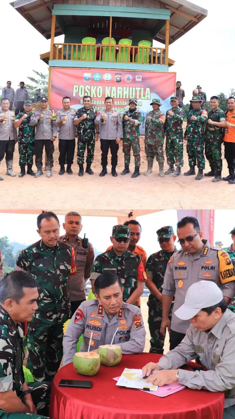 Kapolda Jambi Irjen Pol. Rusdi Hartono bersama Danrem 042/Gapu Brigjen TNI Rachmad beserta rombongan, di Pos Karhutla Kec. Batang Asam Kab. Tanjabbarat Prov. Jambi. Dok: Istimewa